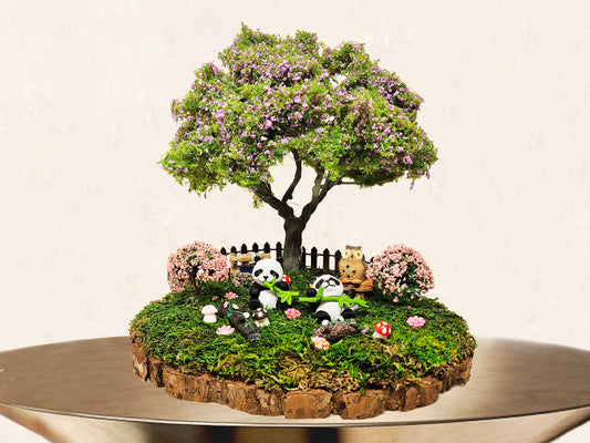 Miniature Fairy Garden | Real Preserved Moss, Wire Tree Model, LED Light, Panda Animal Figures | Home Decor Centerpiece, Indoor Bonsai