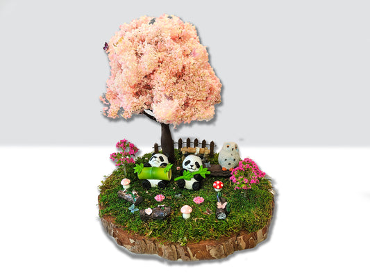 Miniature Fairy Garden | Real Preserved Moss, Wire Tree Model, Wood, Panda Animal Figures | Home Decor Centerpiece, Indoor Bonsai