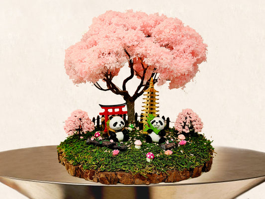 Japanese Garden faux plants Real Preserved Moss, Wire Tree  LED Panda Animal Figures | Home Decor Centerpiece, Indoor Outdoor Bonsai Gift