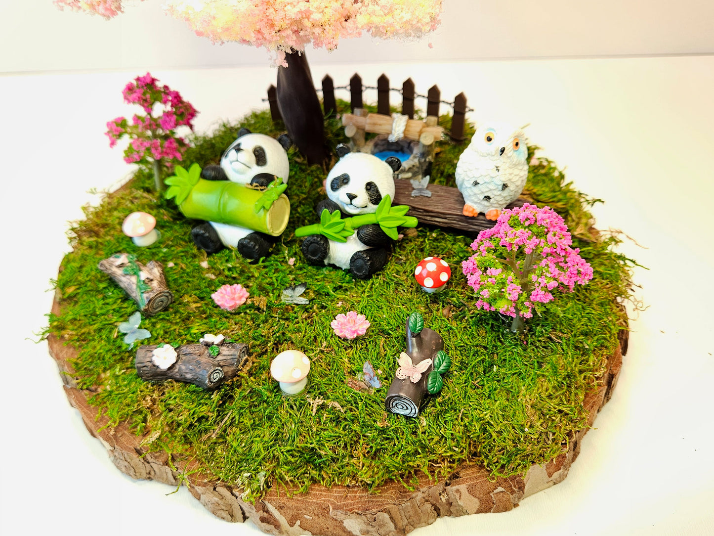 Miniature Fairy Garden | Real Preserved Moss, Wire Tree Model, Wood, Panda Animal Figures | Home Decor Centerpiece, Indoor Bonsai