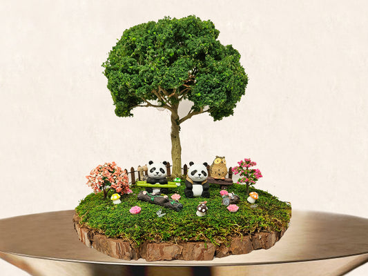 Miniature Fairy Garden | Real Preserved Moss, Wire Tree Model, LED Light, Panda Animal Figures | Home Decor Centerpiece, Indoor Bonsai