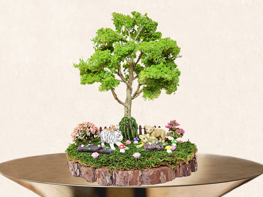 Miniature Fairy Garden | Real Preserved Moss, Wire Tree Model, Wood, Tiger Animal Figures | Home Decor Centerpiece, Indoor Bonsai